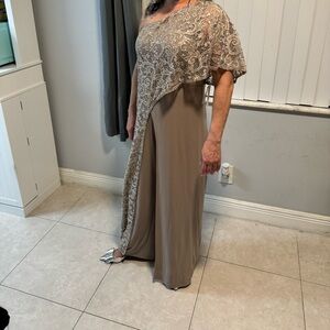 Elegant Lace Overlay Gown in Beige and Taupe